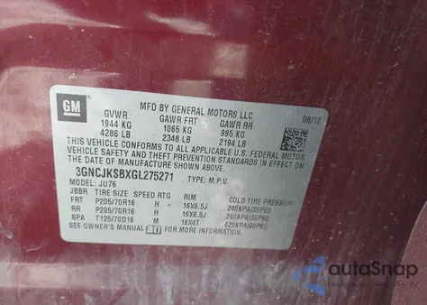 2016 Chevrolet Trax Ls z USA, uszkodzony, nr VIN 3GNCJKSBXGL275271